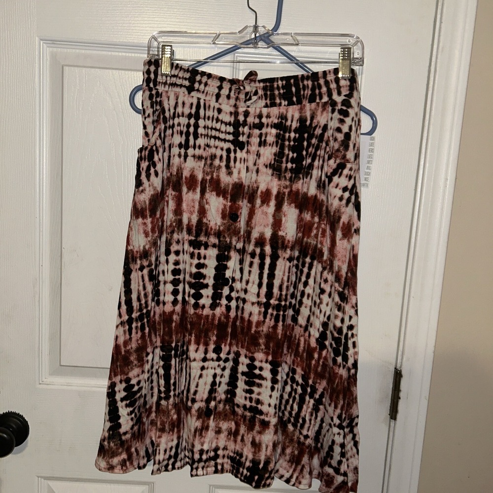 LULAROE MARSHA BUTTON UP MIDI Skirt Red Brown White Tie Dye Small